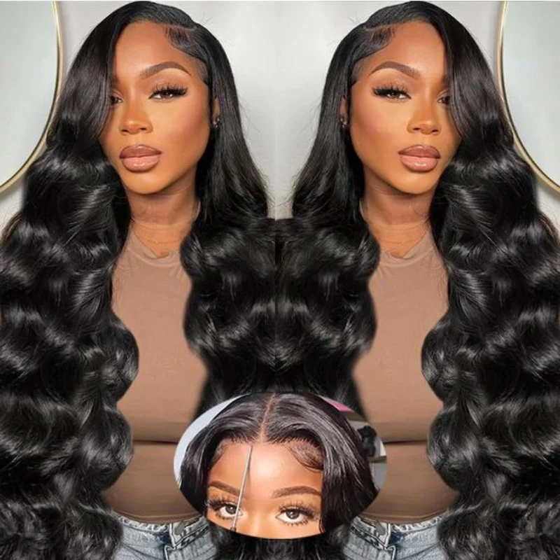 Model With Long, Body Wave Natural Black Hair Showcasing a 5X5 Lace Closure Wig