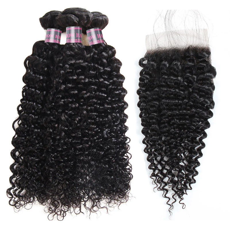 Curly Jet Black Hair Bundles With Matching 4X4 Lace Closure for Styling