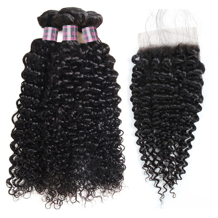 Curly Jet Black Hair Bundles With Matching 4X4 Lace Closure for Styling