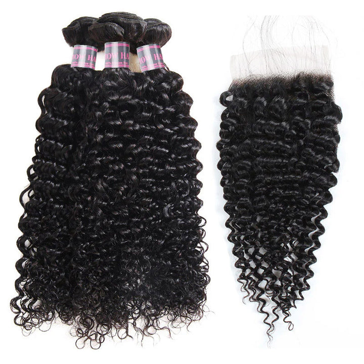 Curly Jet Black Hair Bundles With Matching 4X4 Lace Closure for Styling