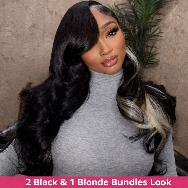 1b/613 Highlight Body Wave Bundles: What The “2 Black &1 Blonde Bundle” Looks Like