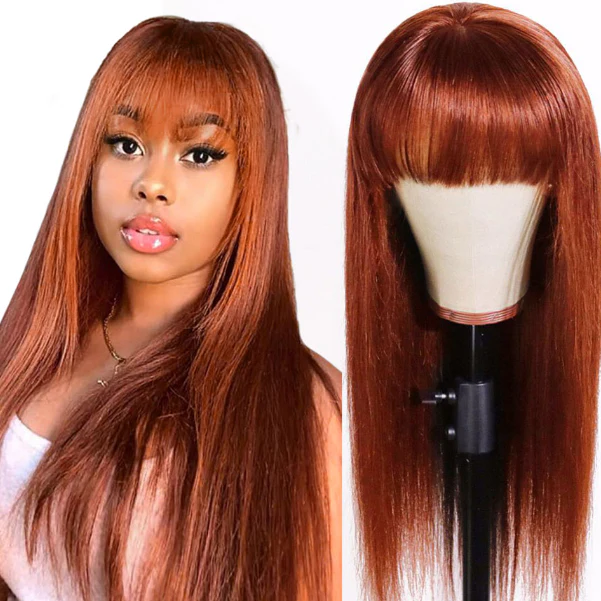 Ginger Color Straight Hair Wig On Mannequin and Worn By Model