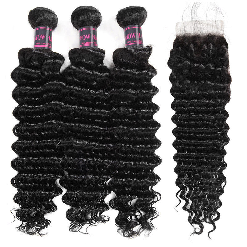 Three Jet Black Body Wave Hair Bundles With a Matching 4X4 Lace Closure