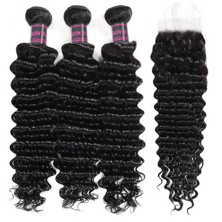 Three Jet Black Body Wave Hair Bundles With a Matching 4X4 Lace Closure