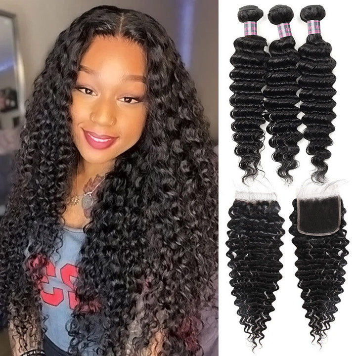 Deep Wave 3 Bundles with 4x4 Lace Closure Virgin Malaysian Human Hair - IshowHair