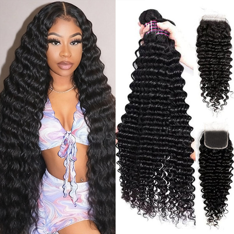 Woman with long deep wave curly hair wearing a blue top next to Deep Wave Brazilian Hair Bundles with 4x4 Lace Closure in natural black color from Ishow Beauty.