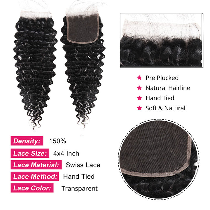 Deep Wave 3 Bundles with 4x4 Lace Closure Human Virgin  Hair - IshowHair
