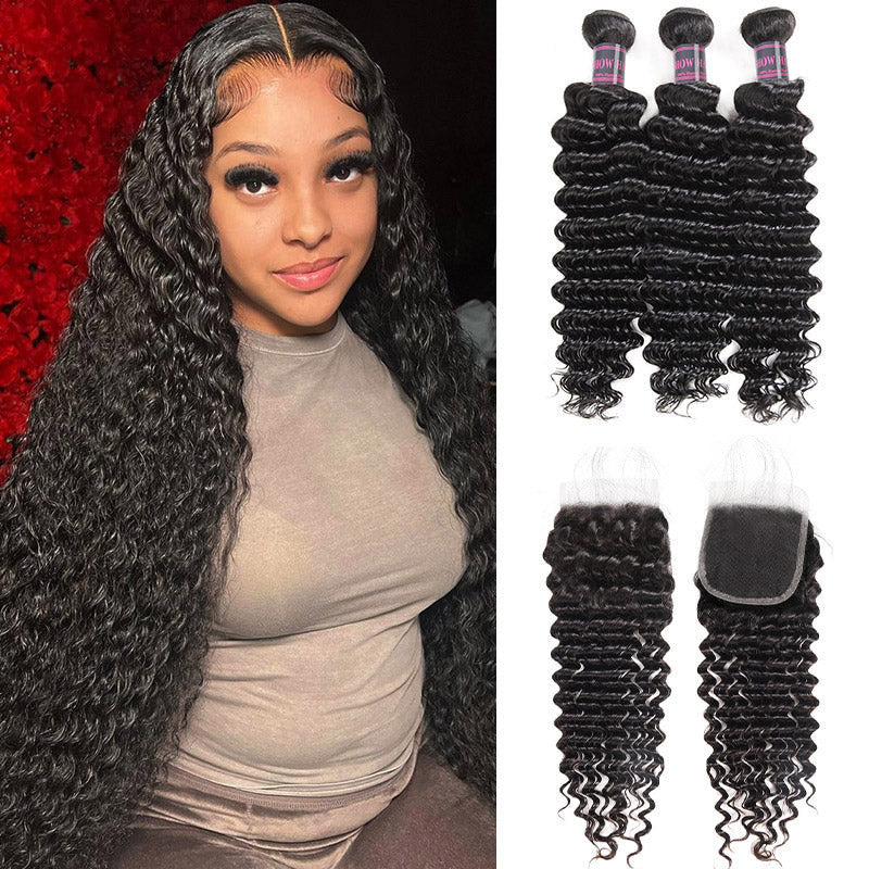 Long Deep Wavy Jet Black Hair With 3 Bundles and Lace Closure Displayed By a Smiling Woman