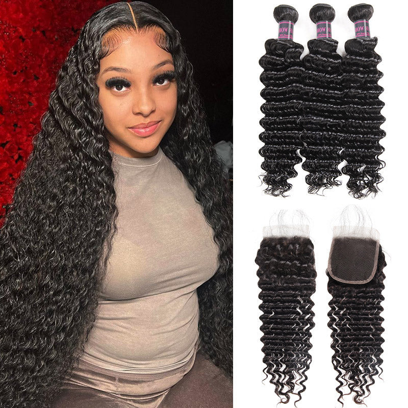 Long Deep Wavy Jet Black Hair With 3 Bundles and Lace Closure Displayed By a Smiling Woman