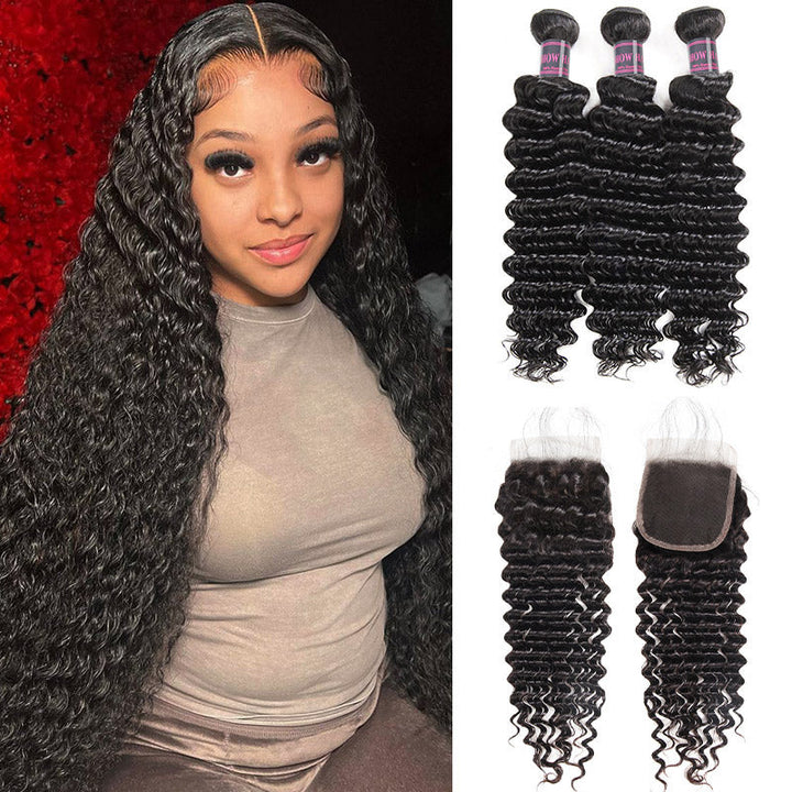 Long Deep Wavy Jet Black Hair With 3 Bundles and Lace Closure Displayed By a Smiling Woman