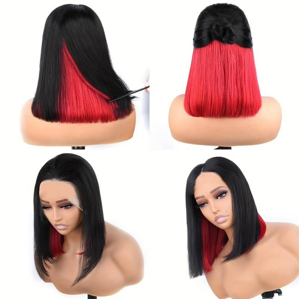 Short Straight Bob Wigs Peekaboo Red Two Tones Color Glueless Lace Frontal Wigs
