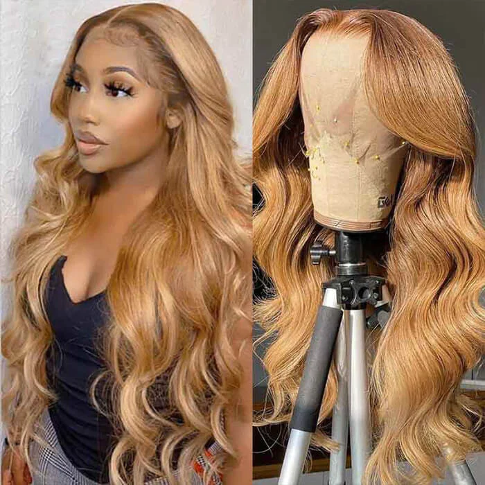 Honey Blonde Body Wave Wig On Model and Mannequin With Loose Curls