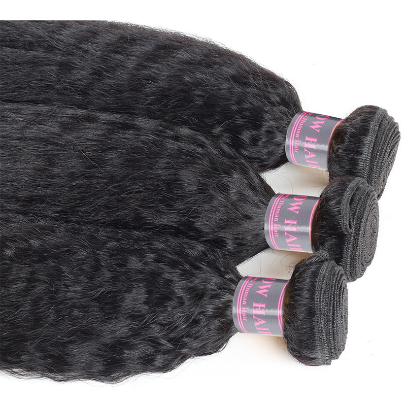 Three Bundles of Kinky Straight Natural Black Human Hair Weaves With Labeled Wefts