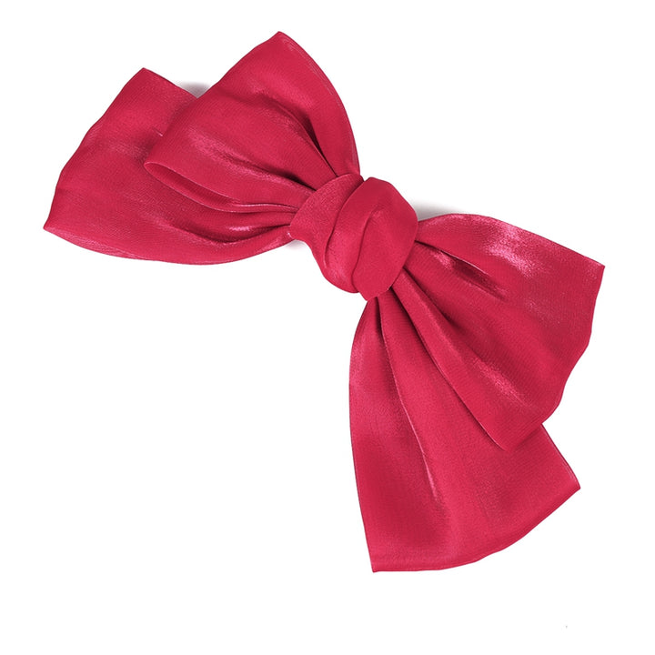 Deep red satin bow hairpin holding long straight black hair, perfect for daily use