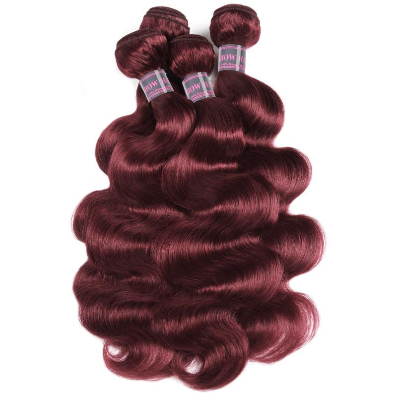 Ishow 99J Burgundy Body Wave Brazilian Human Hair Bundles With 4x4 Lace Closure 4 Bundles With Lace Closure