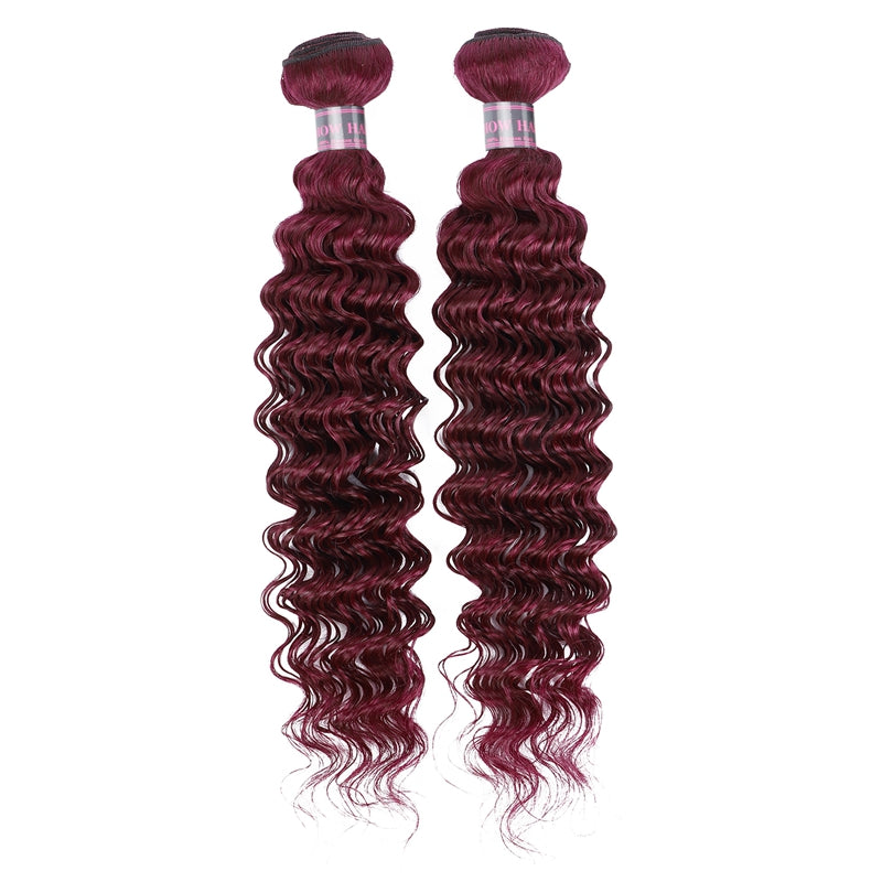 99J Burgundy Deep Wave Hair Bundles Showcasing Vibrant Color and Defined Waves