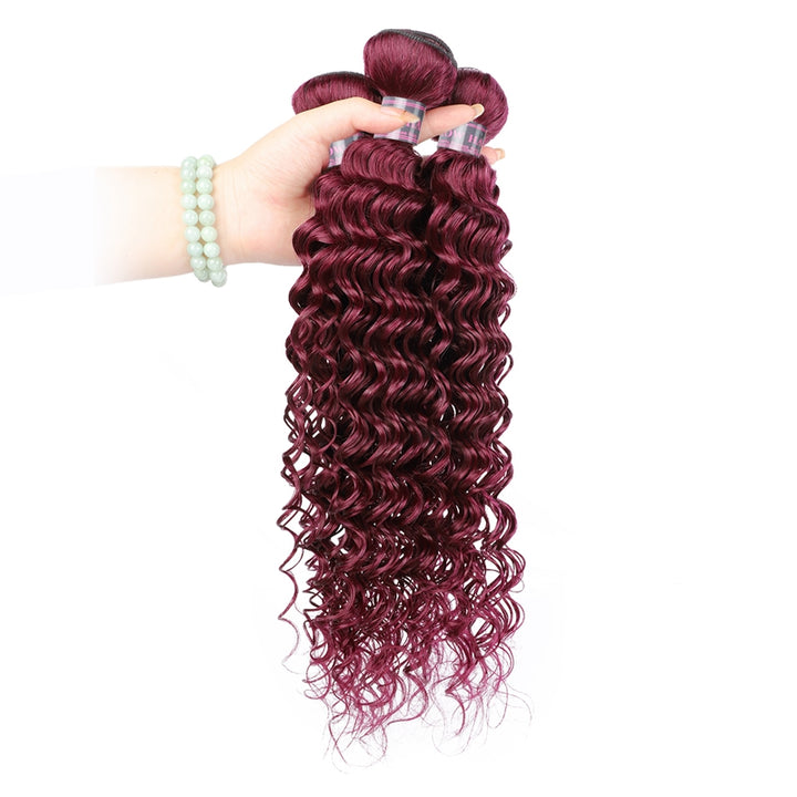 99J Burgundy Deep Wave Human Hair Bundles With Soft, Bouncy Curls