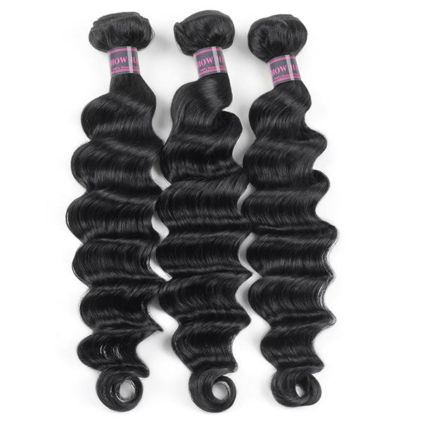 Ishow Peruvian Loose Deep Wave Hair Bundles with Closure Remy Human Hair 3 Bundles with 4x4 Lace Closure