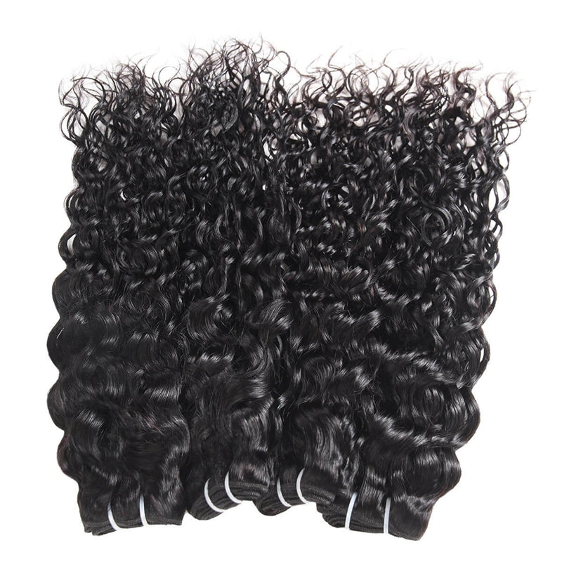 Indian Water Wave hair extensions set with three bundles and 13x4 lace frontal closure in natural black color.