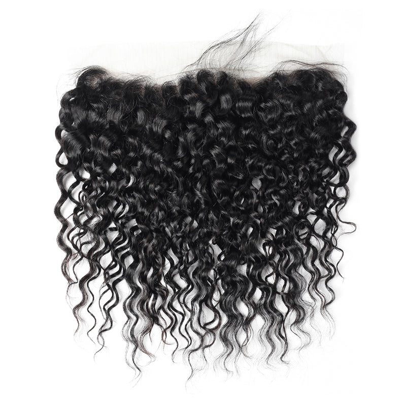 Indian Water Wave hair extensions set with three bundles and 13x4 lace frontal closure in natural black color.