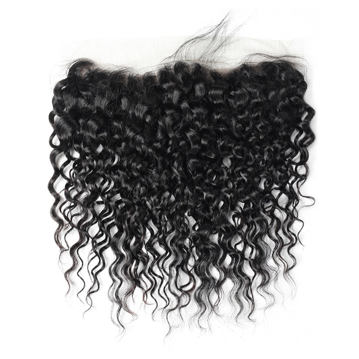 Indian Water Wave hair extensions set with three bundles and 13x4 lace frontal closure in natural black color.