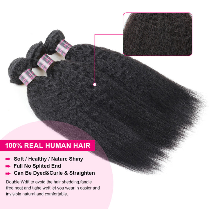 3 Bundles of Soft, Shiny Kinky Straight Black Human Hair With Natural Finish