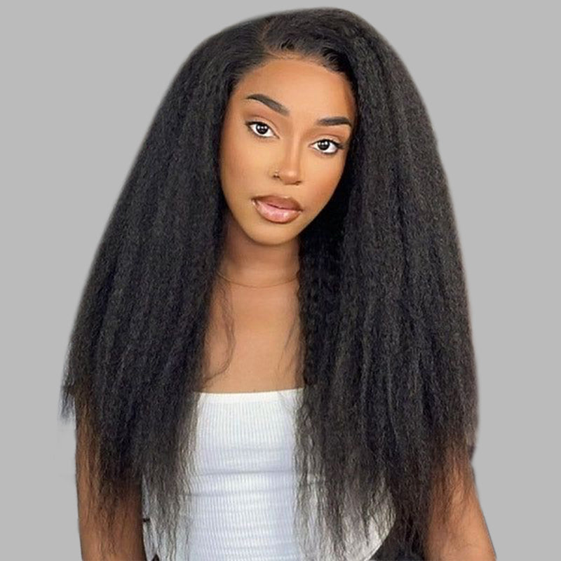 Voluminous Kinky Straight Black Human Hair On Model With Natural Look