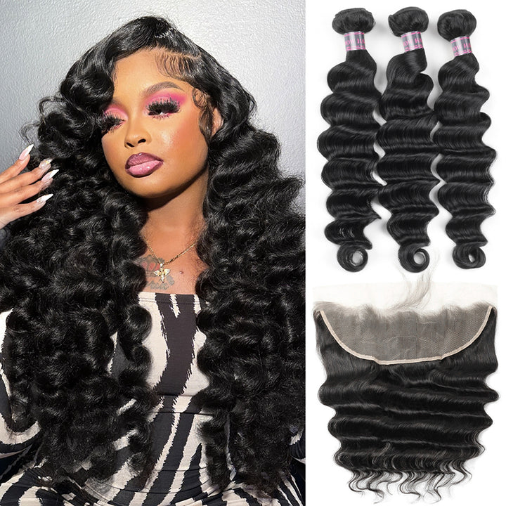 Loose Deep Wave Human Hair Bundles With Frontal and Model Showcasing Hairstyle