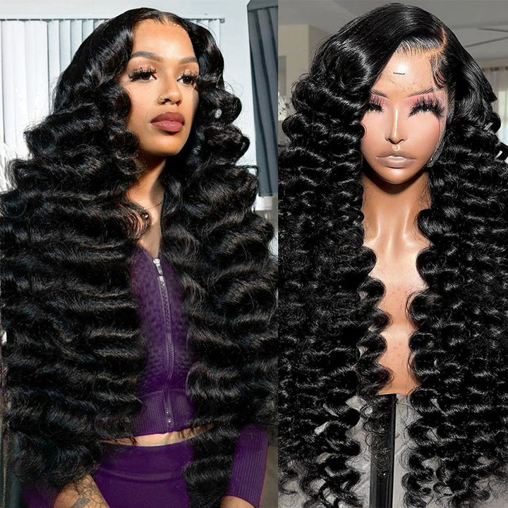 Loose Deep Wave HD Lace Front Wig Worn By a Model With Natural Black Color