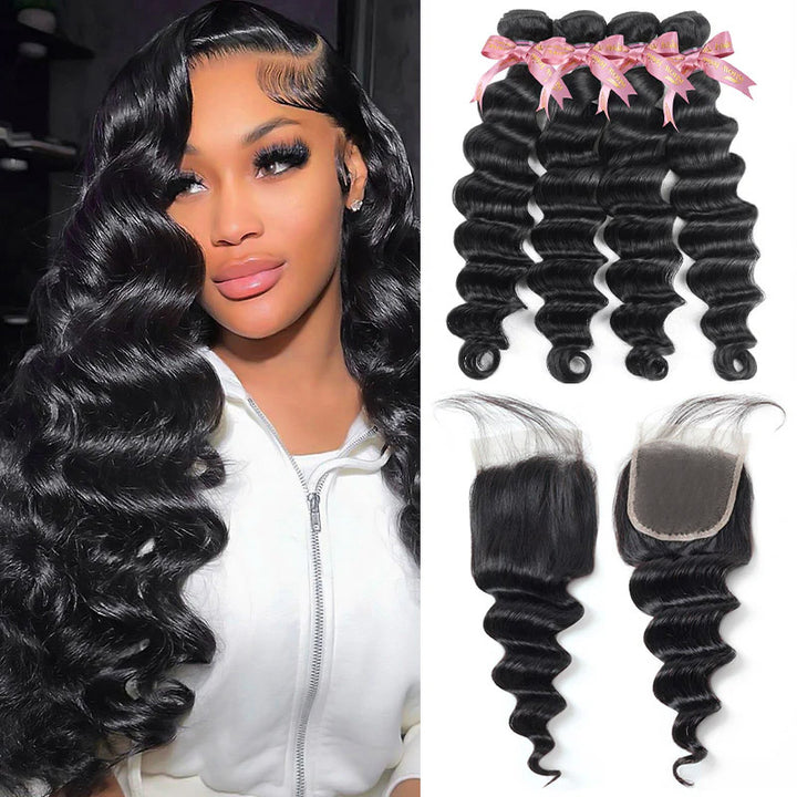 Smiling woman with long loose deep wave hair, four bundles with pink bows, and an HD lace closure.