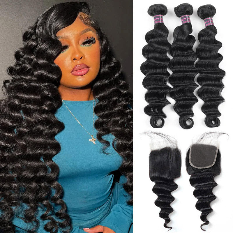 Wavy Jet Black Hair Bundles With a Lace Closure, Showcased By a Smiling Woman