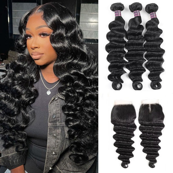 Three bundles of Peruvian loose deep wave Remy human hair in natural black color, demonstrating soft, wavy texture and high-quality shine.
