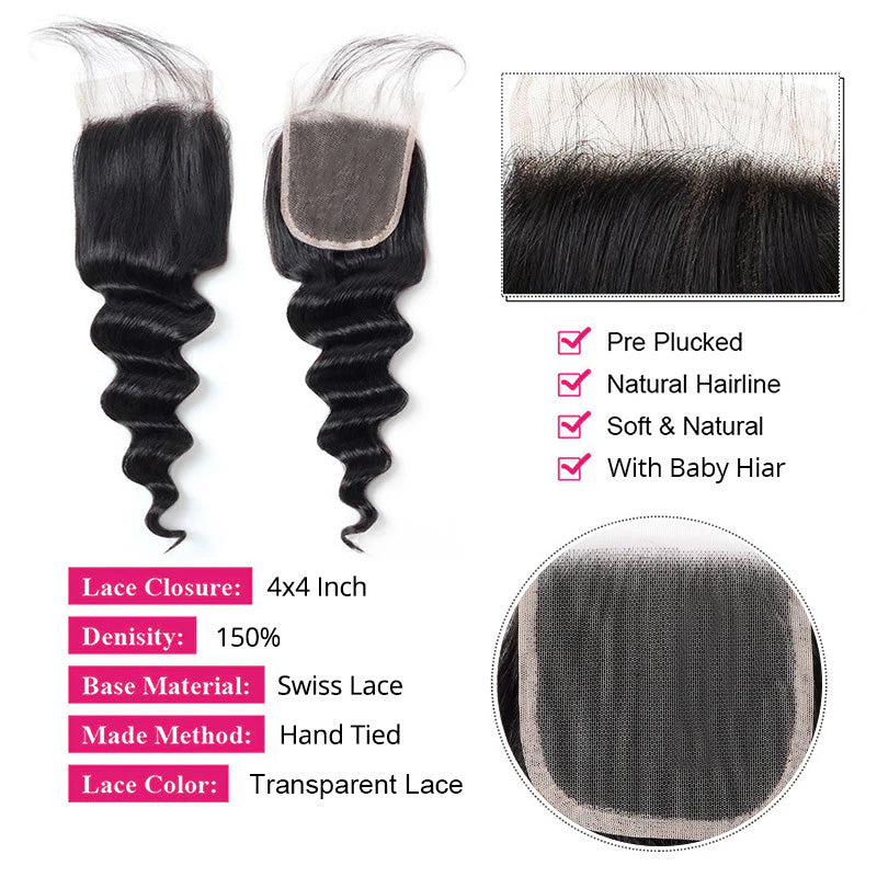 HD Lace Closure With Loose Wave Texture and Natural Hairline, 4X4 Inch Size, Wider