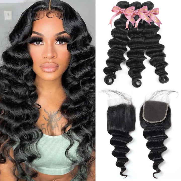 Woman with long, loose deep wave styled hair in a blue top alongside three bundles of loose wave hair with pink ribbons and two lace closures.