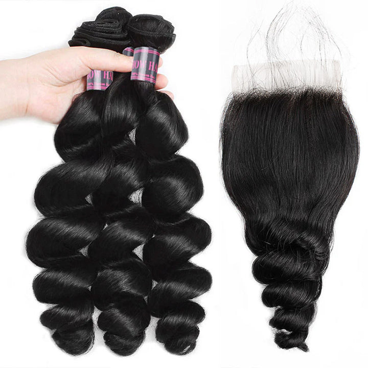 Three Wavy Jet Black Hair Bundles With a 4X4 Lace Closure for Styling Options