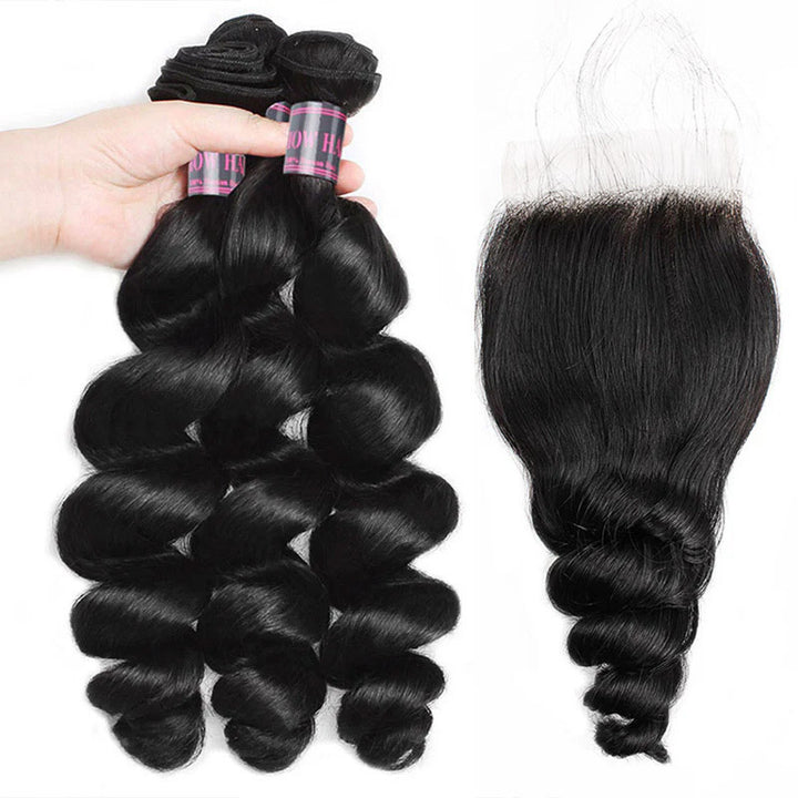 Three Wavy Jet Black Hair Bundles With a 4X4 Lace Closure for Styling Options