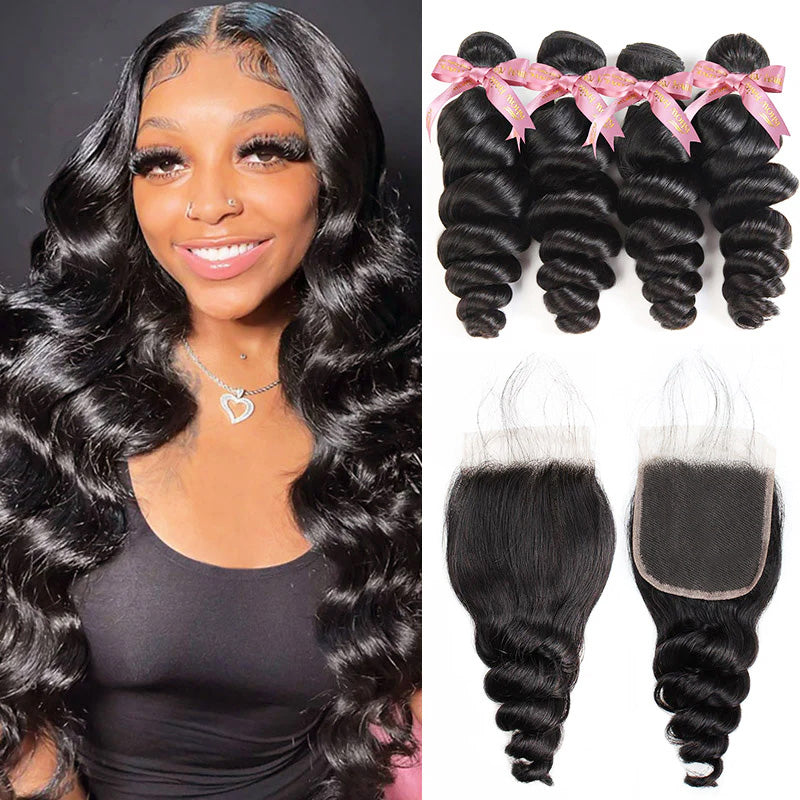 Woman With Loose Deep Wave Hairstyle and 4 Bundles of 12a Grade Human Hair