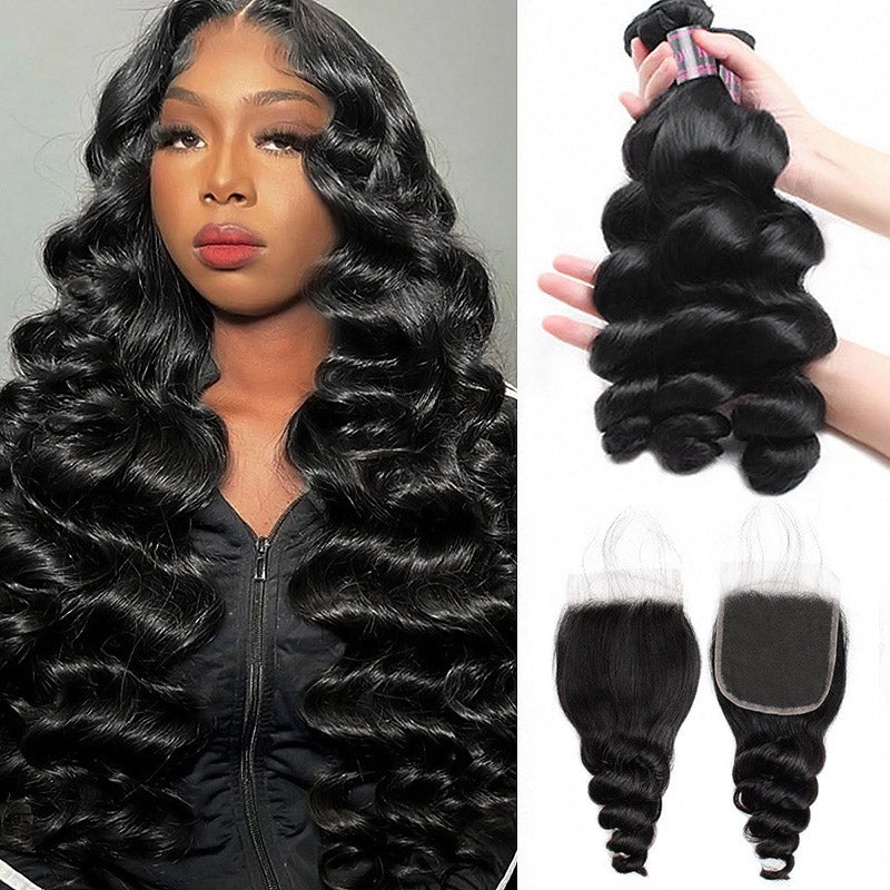 Loose Wave Malaysian Hair Bundles and Closure, Model Displaying Soft Black Waves