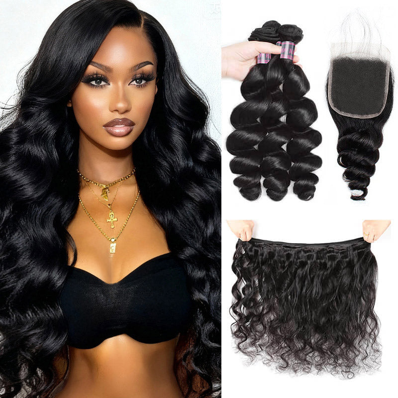 Indian Loose Wave 3 Bundles With 4*4 Lace Closure Deals - IshowHair