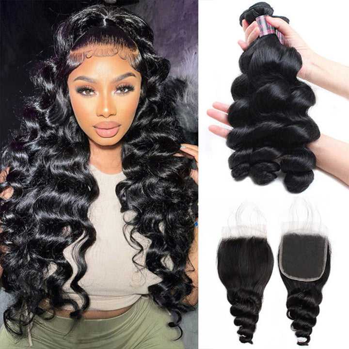 Model with long loose wave Brazilian hair wearing a white hoodie, showcasing Ishow Beauty 100% human hair bundles.