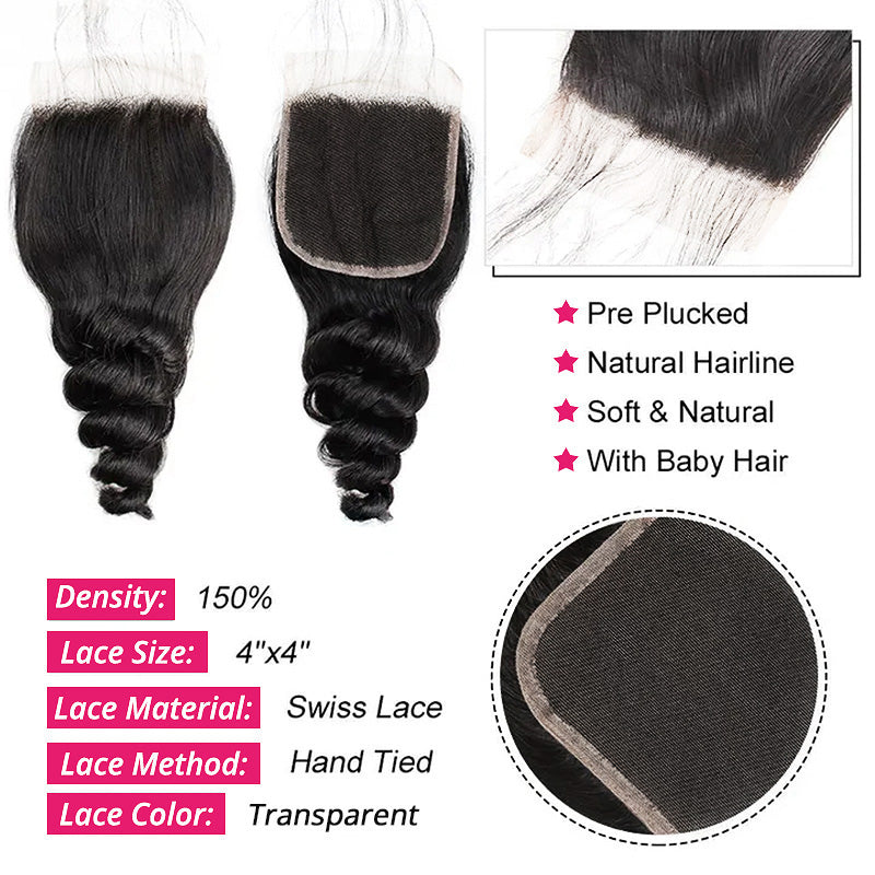 Virgin Brazilian Loose Wave Hair 3 Bundles with 4x4 Lace Closure Ishow Hair - Ishow Hair