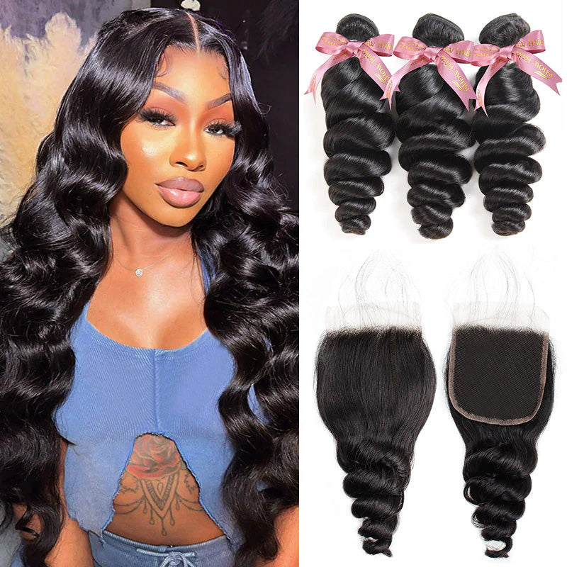 Model Displaying Loose Wave 12a Human Hair Bundles and Lace Closure