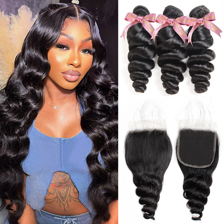 Model Displaying Loose Wave 12a Human Hair Bundles and Lace Closure