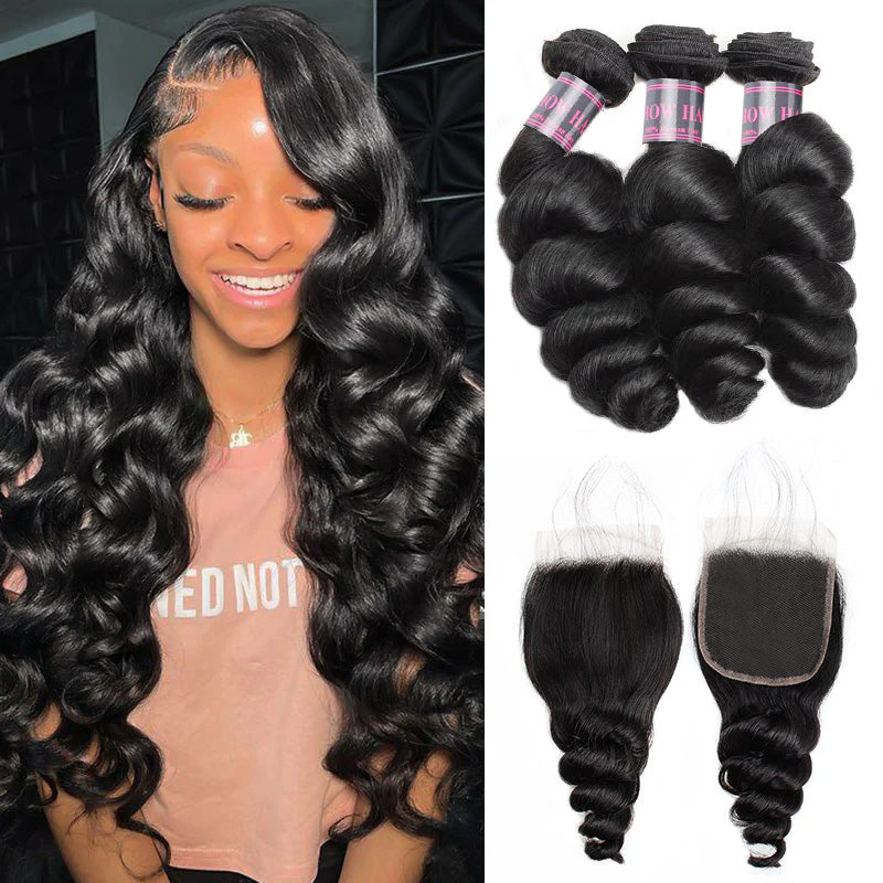 Wavy Jet Black Human Hair Bundles and Lace Closure Displayed With a Woman Smiling