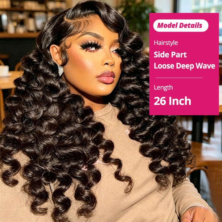 A Woman Modeling A Loose Deep Wave Wig With A Side Part, Shown Indoors. A Bright Pink Overlay On The Right Lists Product Details.