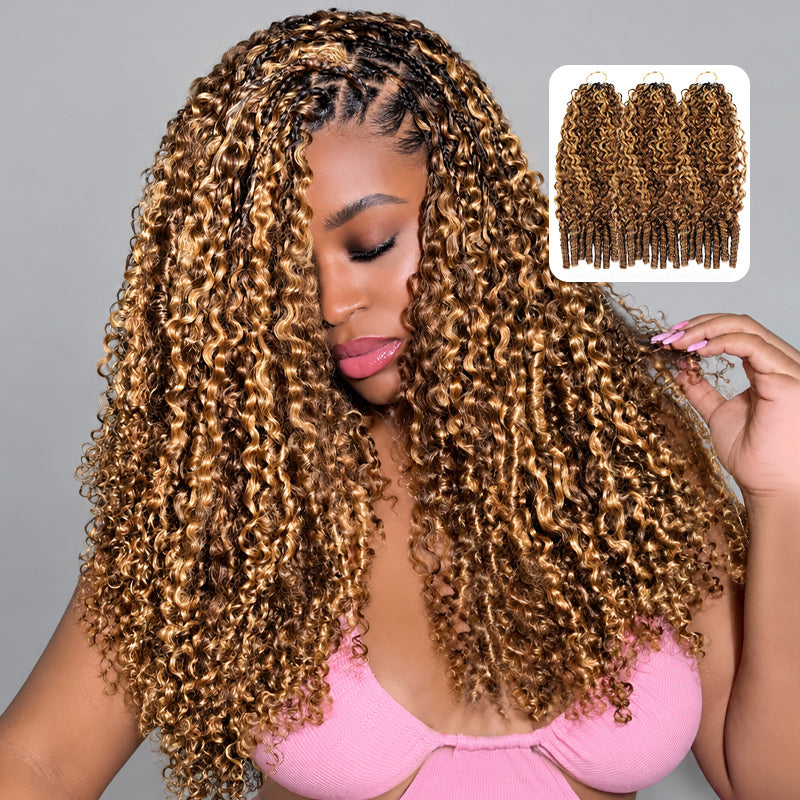A Woman Wearing Burmese Curly Hair Extensions With P4/27 Color, Shown Against A Plain Gray Background With An Inset Image Of Three Bundle Packs In The Top Right.