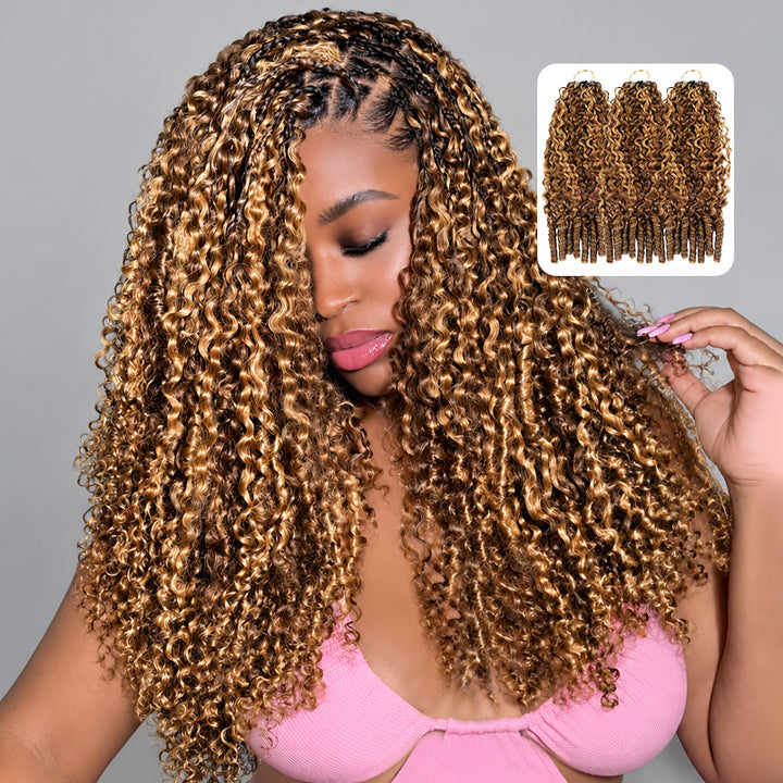 A Woman Wearing Burmese Curly Hair Extensions With P4/27 Color, Shown Against A Plain Gray Background With An Inset Image Of Three Bundle Packs In The Top Right.