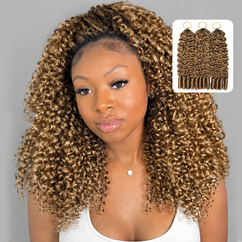 A Woman Wearing Crochet Hair With #27 Color, Shown Against A Plain Gray Background With An Inset Showing Three Matching Hair Bundle Packs.