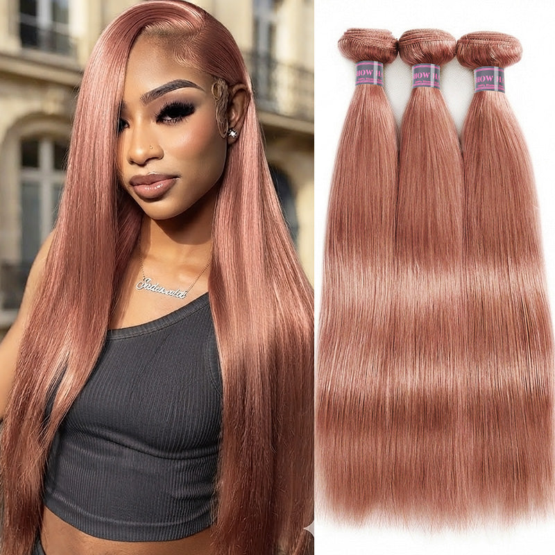 Long Straight Pink Color Hair Extension Bundles Shown Next To A Model Wearing Long, Matching Hair.