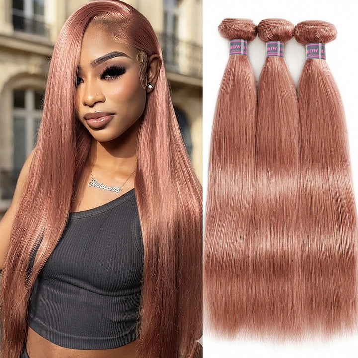 Long Straight Pink Color Hair Extension Bundles Shown Next To A Model Wearing Long, Matching Hair.